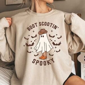 Gildan Boot‎ Scootin' Spooky Ghost Long Sleeve Shirt tan sand size large